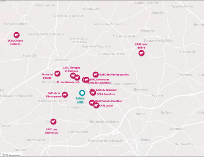 illustration de la totalités des fermes participant au projet Méthacaux